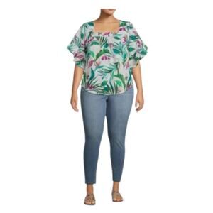 New Terra & Sky Women's Cotton Purple Tropical Peasant Top Plus 1X 16-18